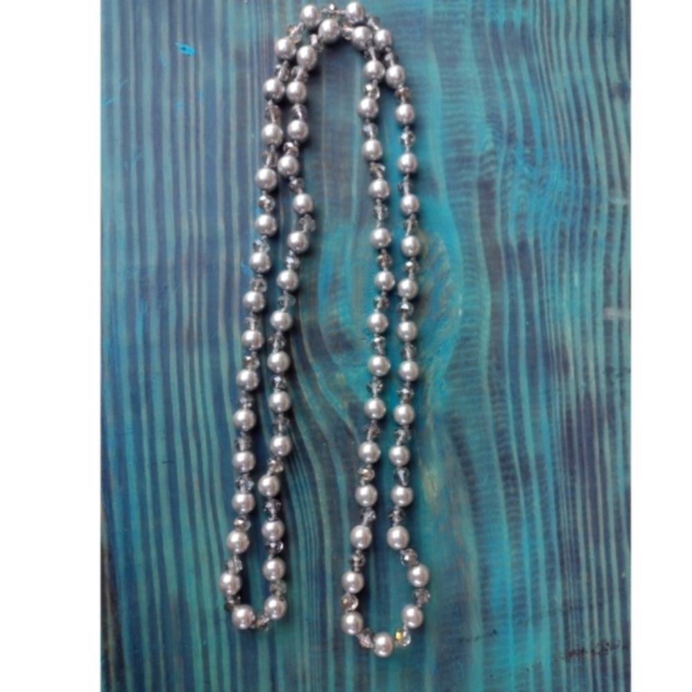 Women's Long Silver Feaux Pearl Linked Beaded Necklace